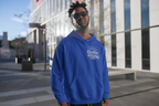 Royal blue hoodie with hood and front pocket, Rooted & Rising chest logo