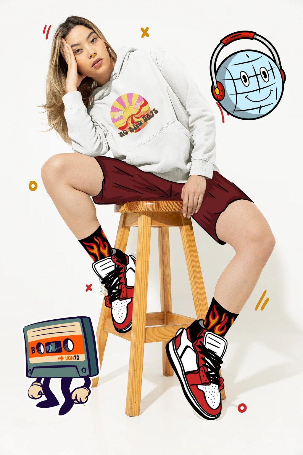 Light gray unisex hooded sweatshirt with colorful chest graphic and drawstrings