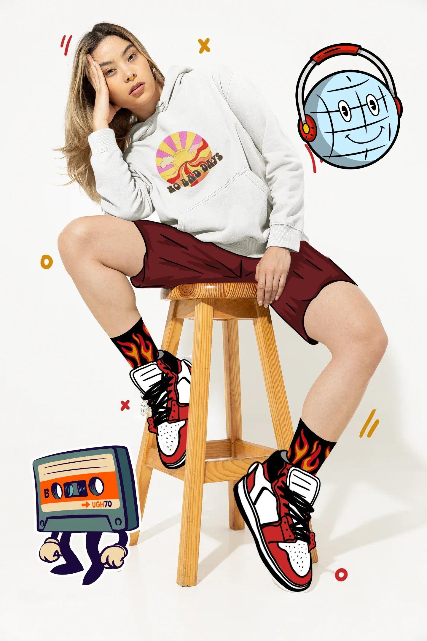 Light gray unisex hooded sweatshirt with colorful chest graphic and drawstrings