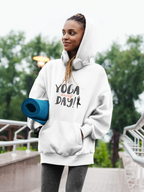 White yoga hoodie with "YOGA every day!" graphic, worn with hood up