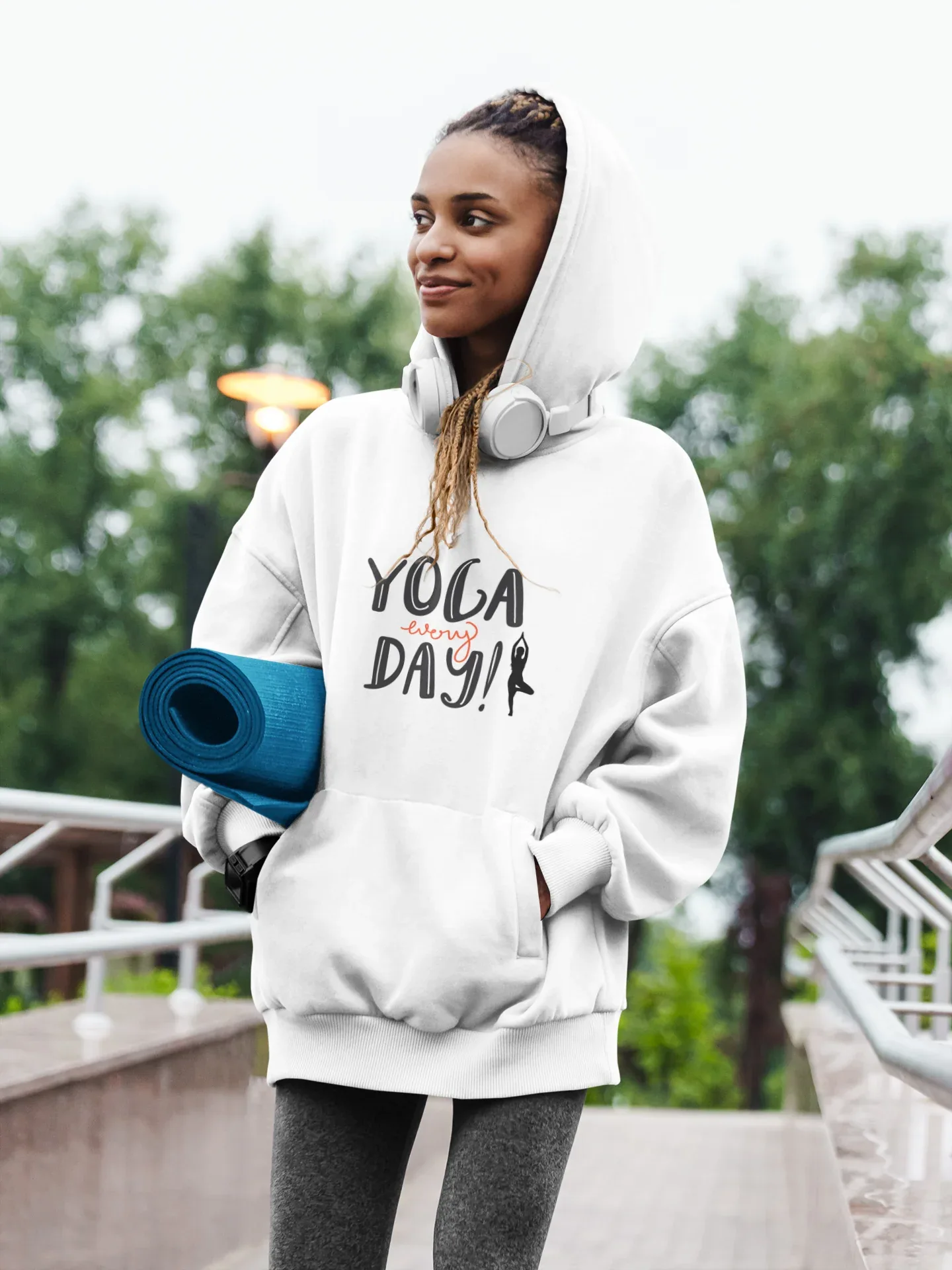 White yoga hoodie with "YOGA every day!" graphic, worn with hood up