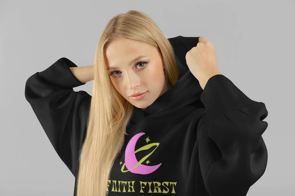 Black unisex hoodie with front Faith First logo and hood up; long sleeves