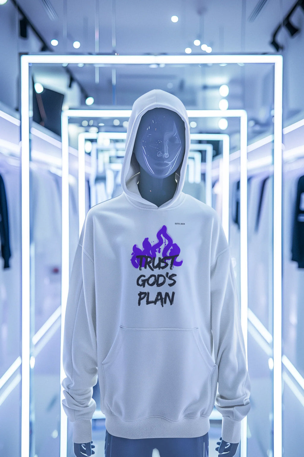 White hoodie on display with hood up and purple flame-style text graphic on the front.