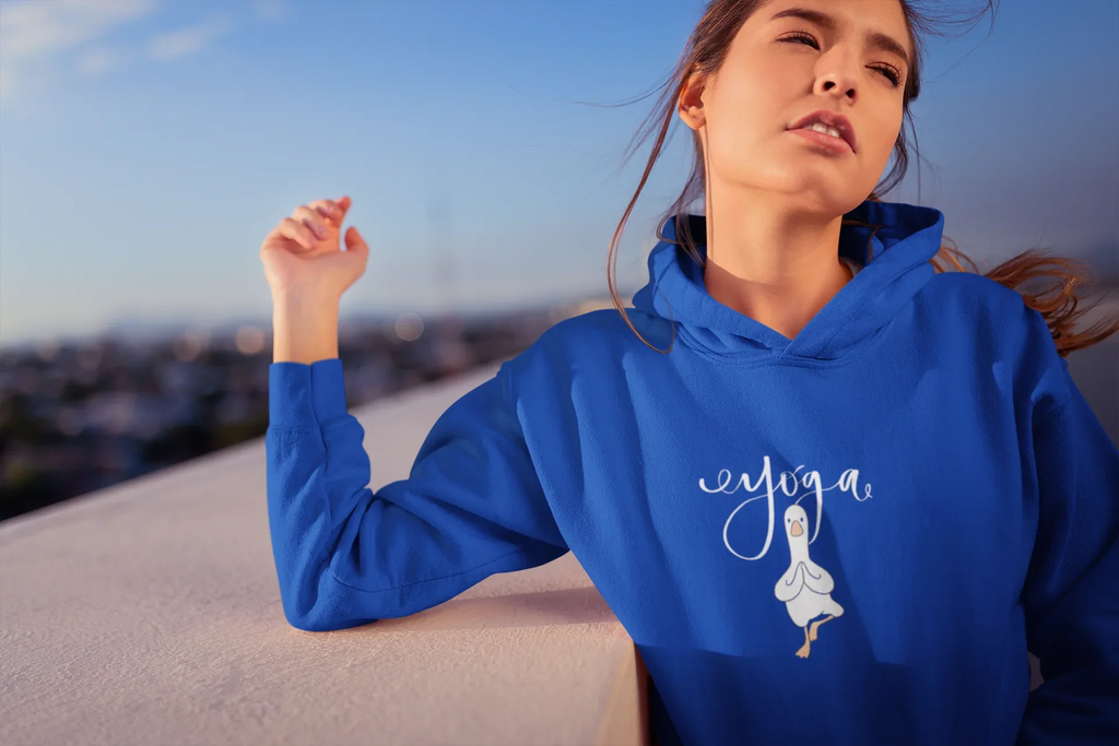 Blue yoga duck pose hoodie with hood and front pocket