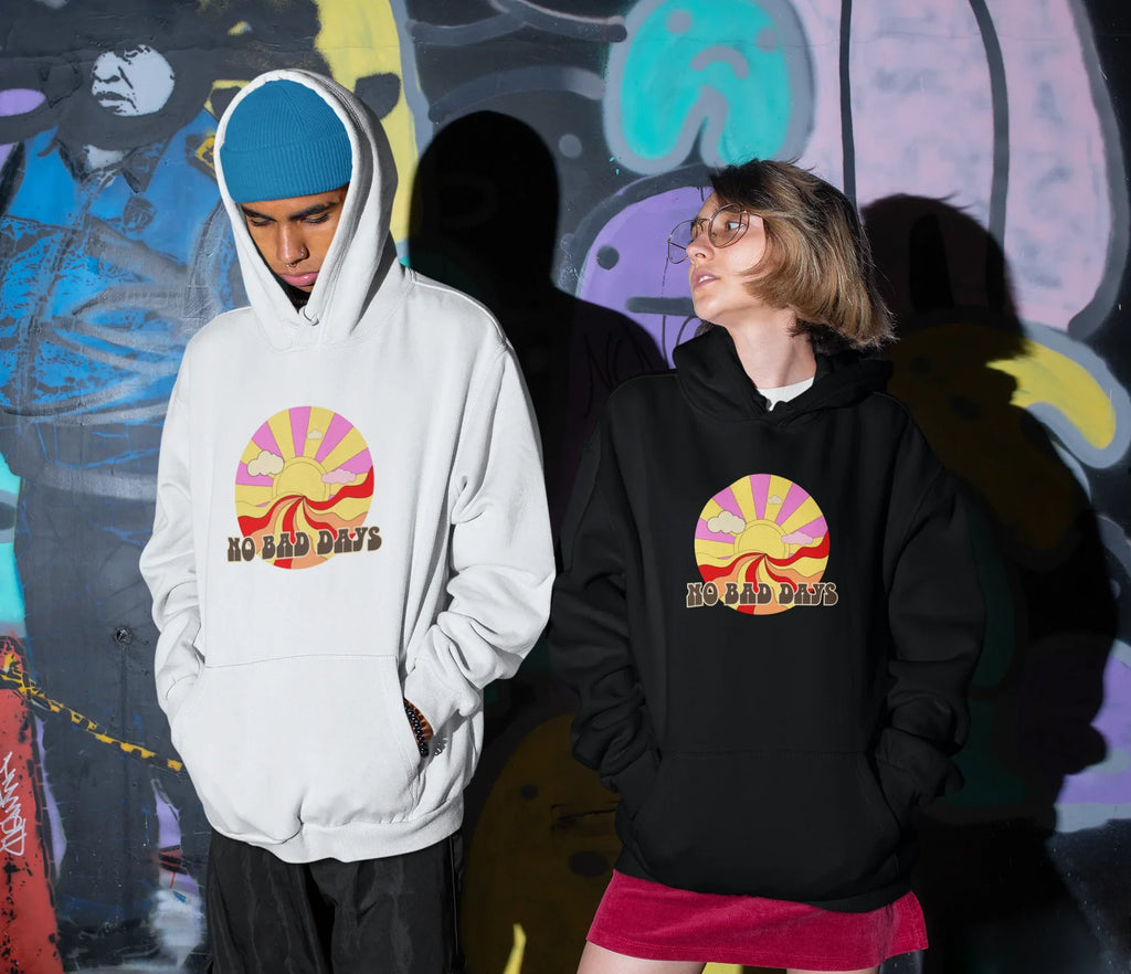White and black unisex hooded sweatshirts with colorful sun graphic
