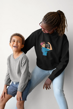 Black Mum of the Year hoodie sweatshirt worn by adult, featuring front graphic print