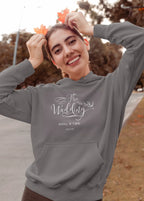 Gray personalised wedding day hoodie sweatshirt with front hood and logo-style text