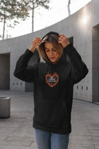 Black unisex hooded hoodie with orange flame logo, kangaroo pocket and hood strings