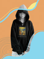 Black pullover hoodie with hood and front colorful square graphic print.