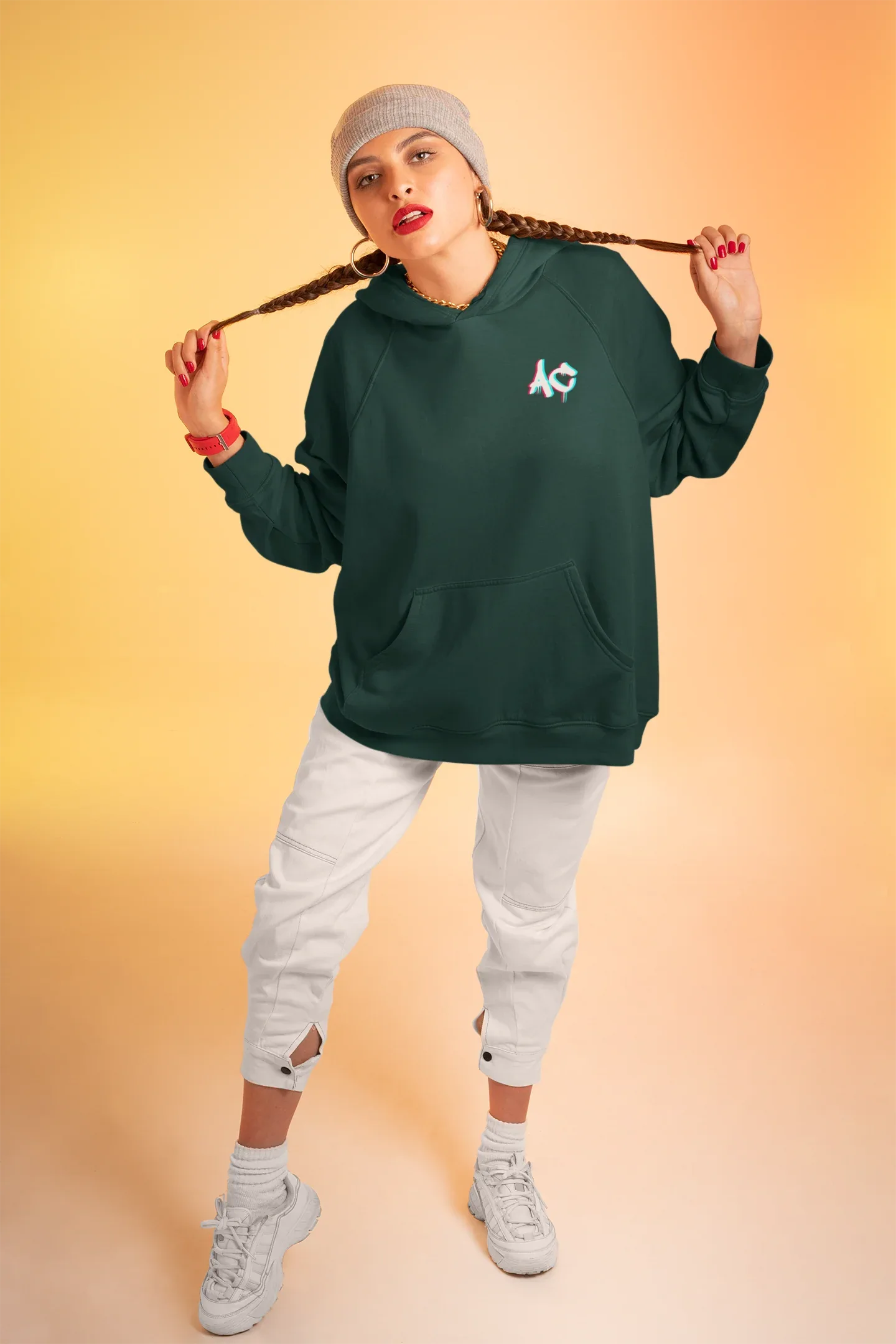 Forest green hooded sweatshirt with small logo on chest, hooded pullover style