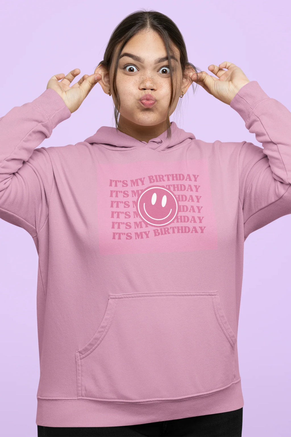 Mauve hooded sweatshirt with kangaroo pocket and birthday logo graphic print