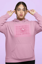 Mauve hooded sweatshirt with kangaroo pocket and birthday logo graphic print