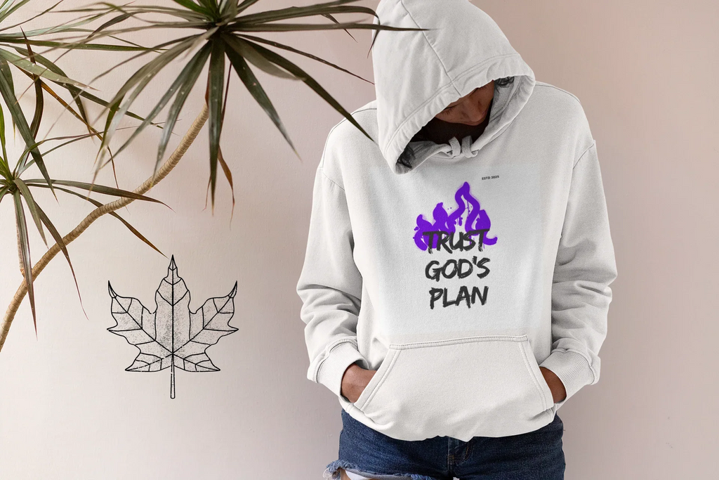 White hoodie with hood, front pouch pocket, and purple flame-style text graphic.