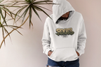 White hoodie worn by model with front pocket and 'ROOTS' graphic at chest.