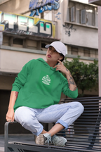 Green unisex hoodie with drawstring hood and chest logo
