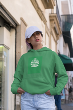 Green unisex hoodie with front pocket and small chest graphic