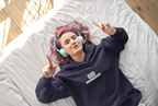 Navy hooded sweatshirt with 'GOD THE KING' chest logo and relaxed fit.
