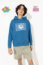 Blue hooded sweatshirt with 'It's my birthday' text and smiley face graphic