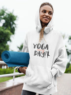 White yoga hoodie with "YOGA every day!" graphic and front pocket, hood up