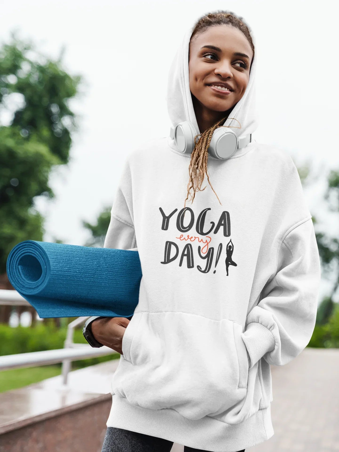 White yoga hoodie with "YOGA every day!" graphic and front pocket, hood up