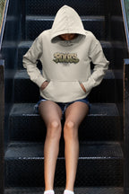 White hoodie with hood and 'Roots' graphic front print, front pouch pocket