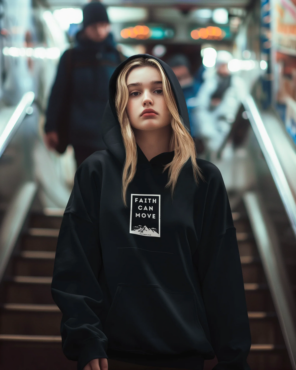 Black hoodie sweatshirt with front kangaroo pocket and hood, featuring faith message graphic