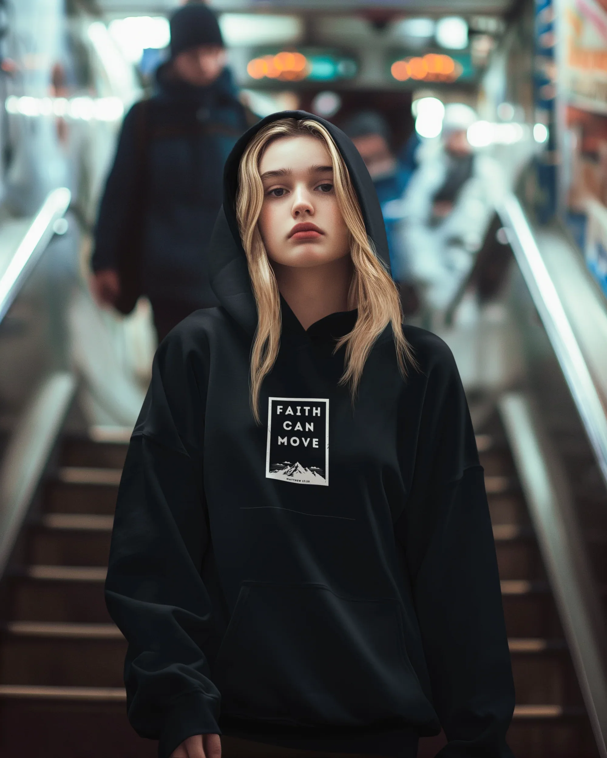 Black hoodie sweatshirt with front kangaroo pocket and hood, featuring faith message graphic