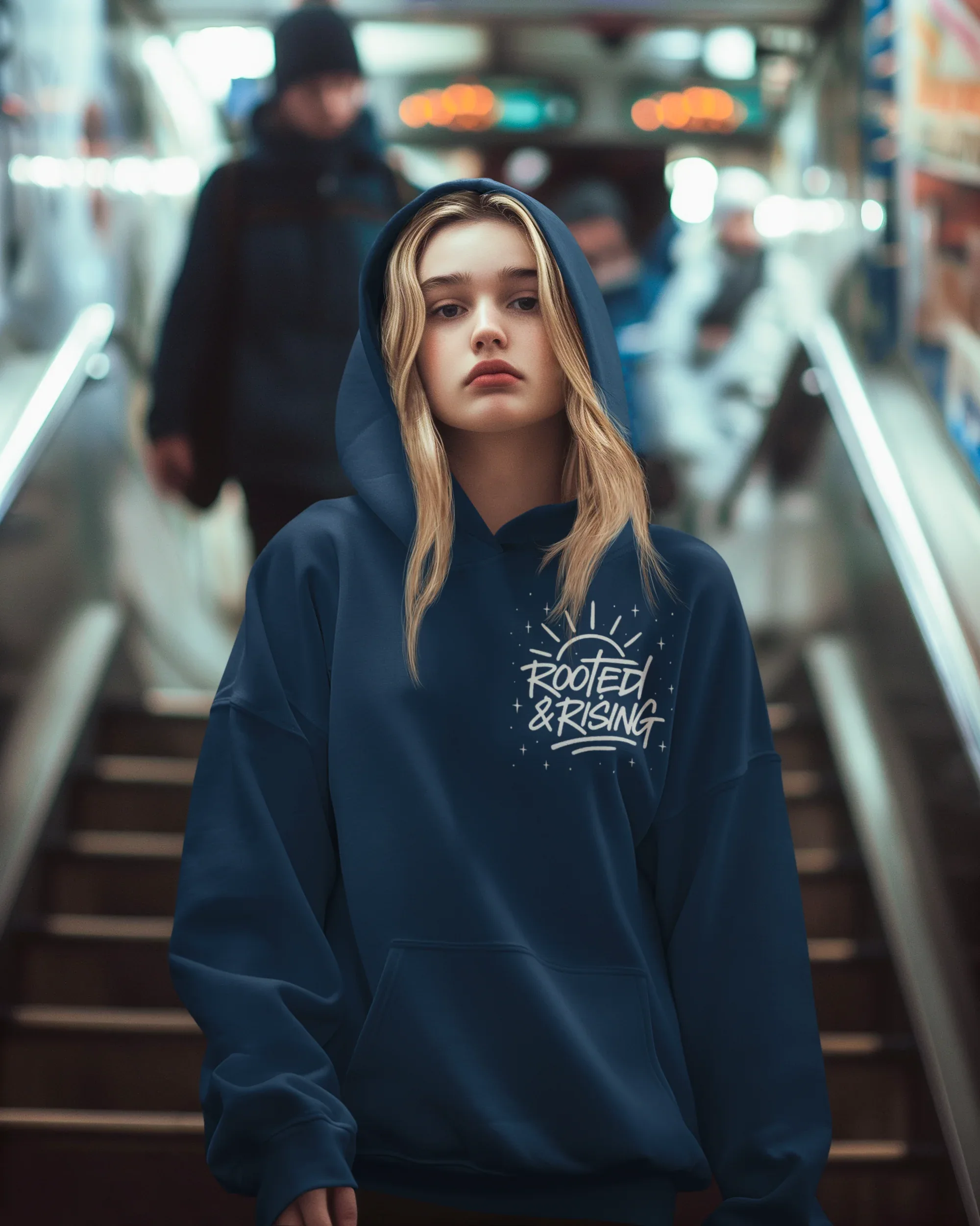 Navy hoodie with front pocket and hood, Rooted & Rising logo on chest