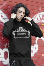 Black Monster Hooded Sweatshirt worn with white monster logo and front pocket
