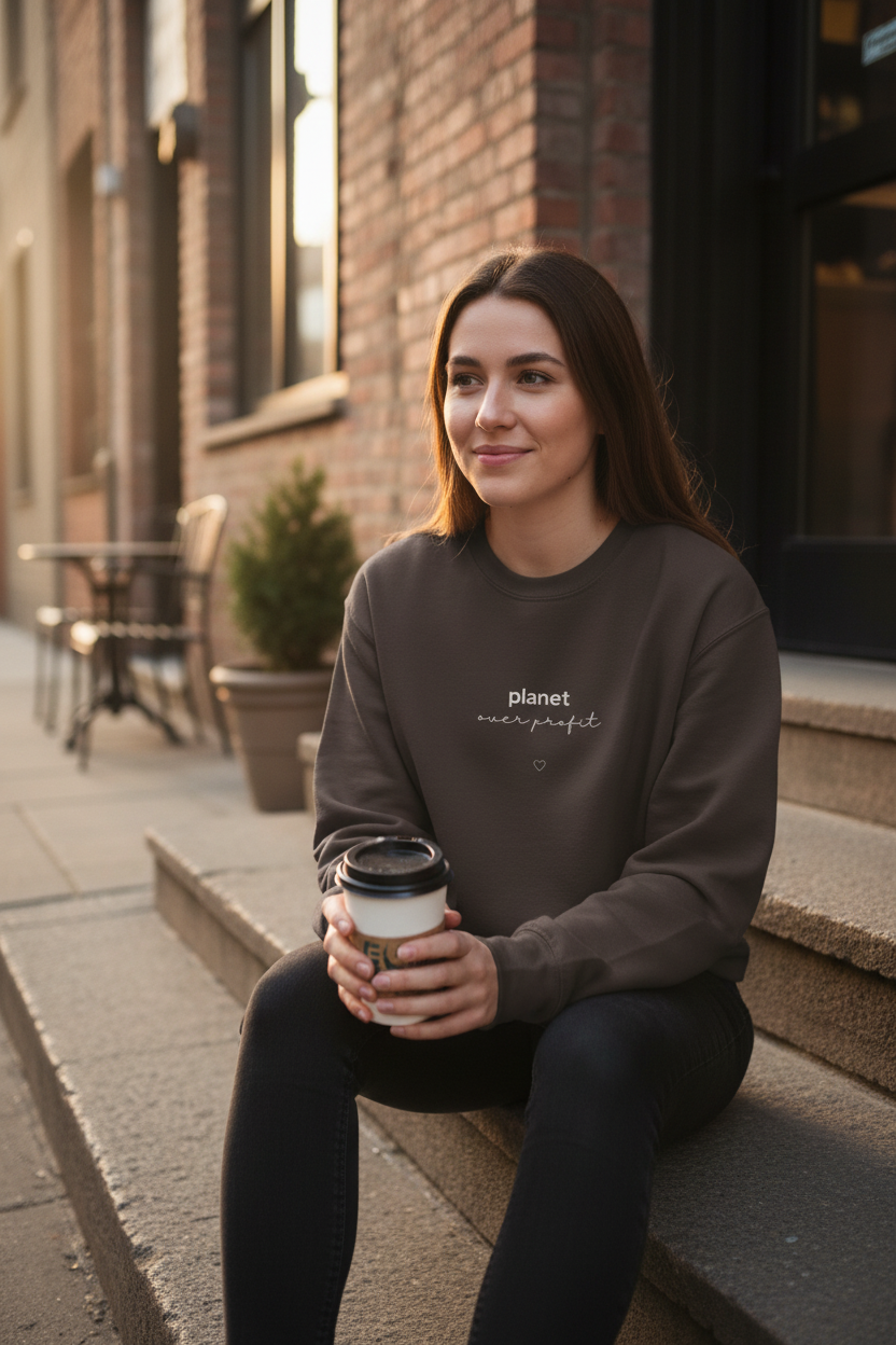Charcoal crewneck sweatshirt with centered planet logo text and heart