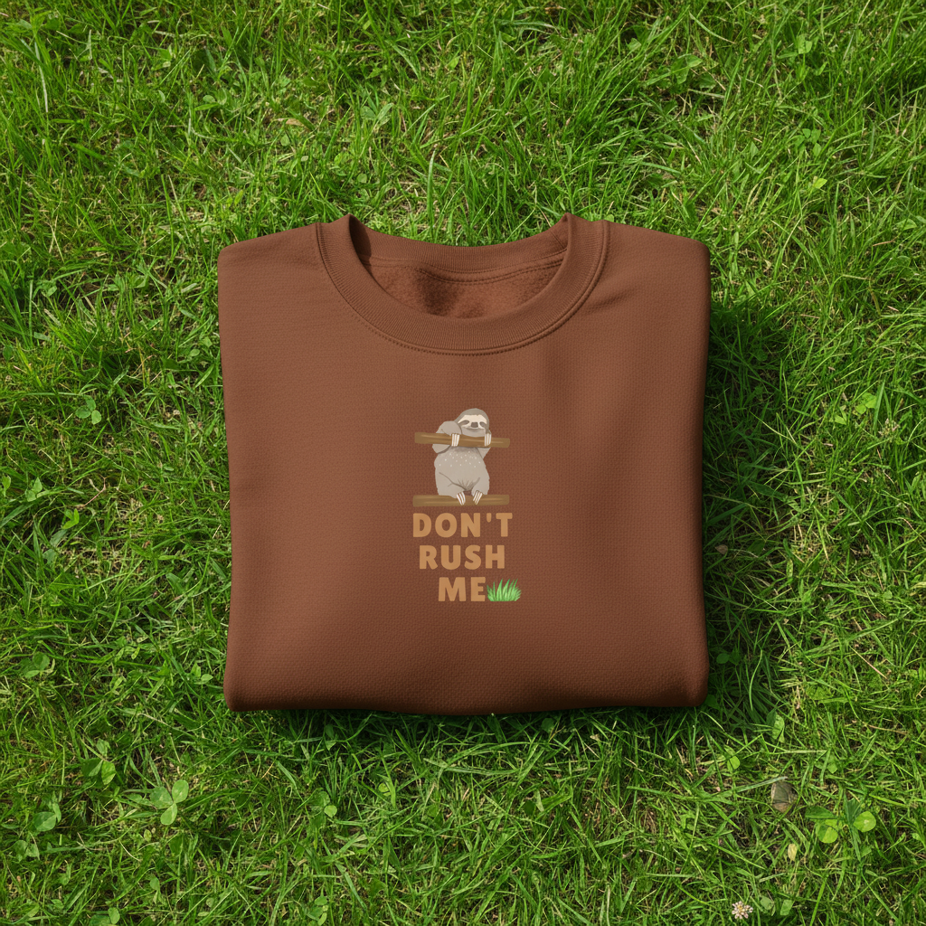 Brown sloth graphic sweatshirt with "Don't Rush Me" text and small leaf accents