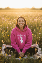Purple yoga hoodie with duck graphic, pullover hood and front kangaroo pocket