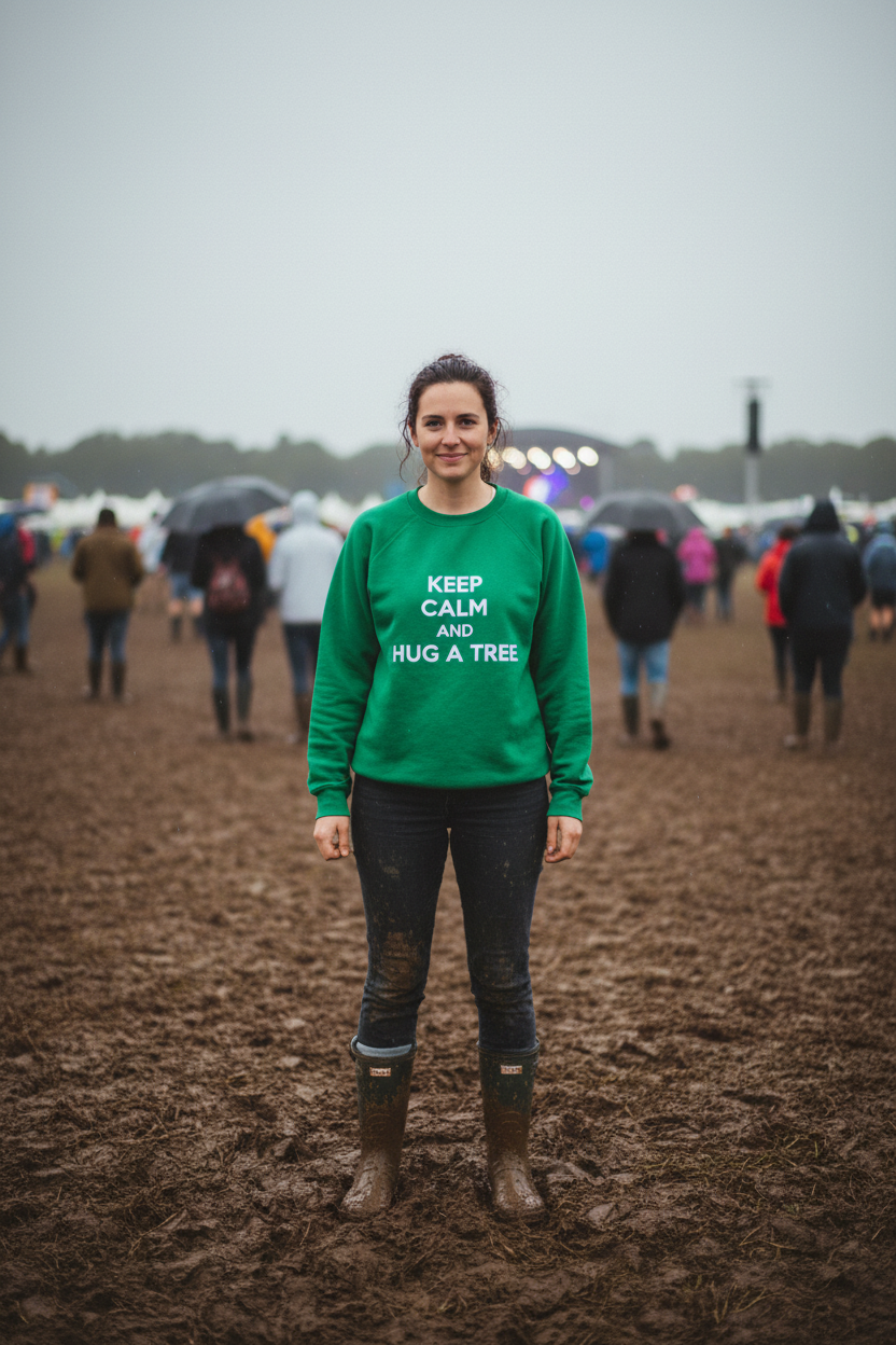 Green crewneck sweatshirt with printed “KEEP CALM AND …” slogan on the front