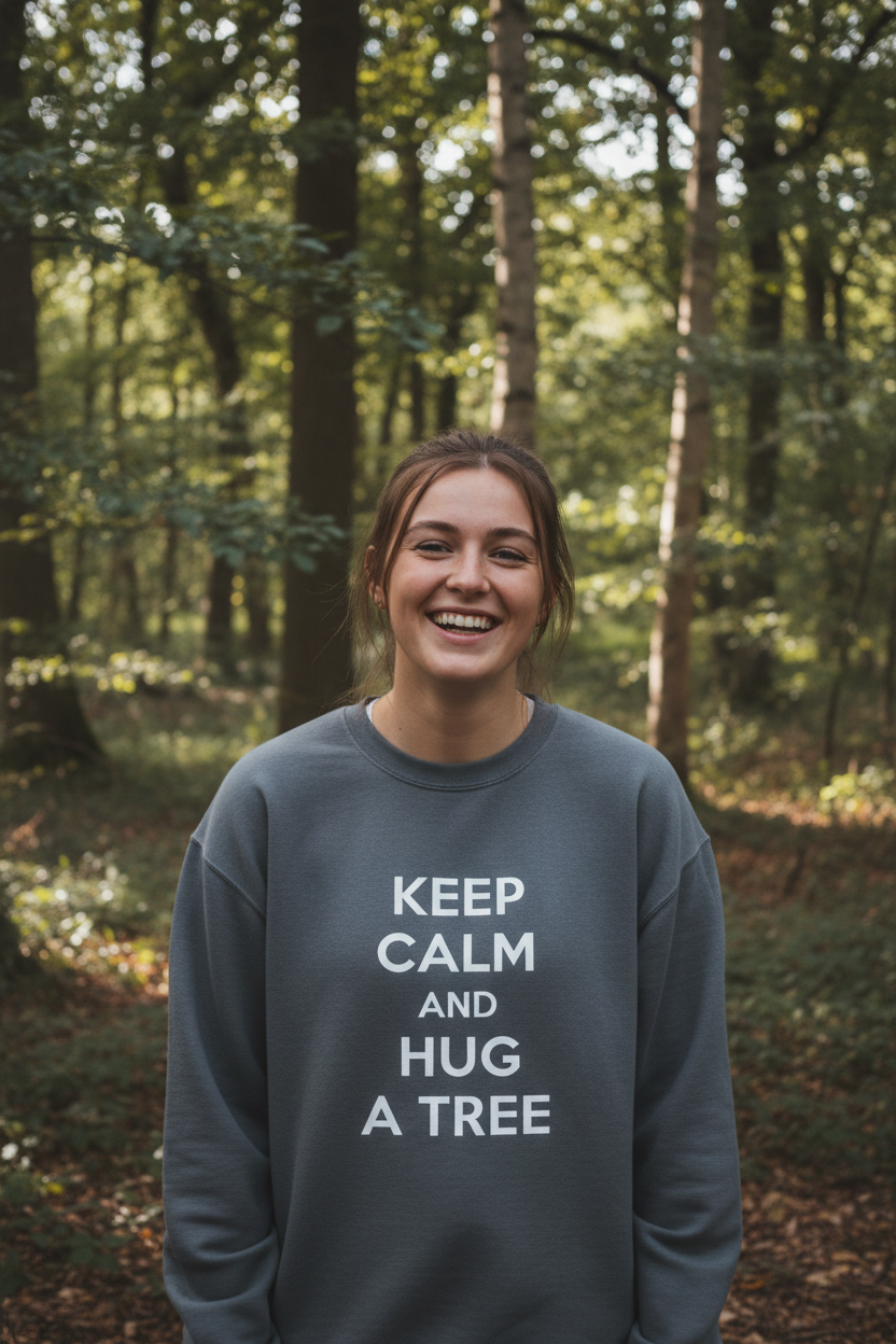 Slate blue crewneck sweatshirt with white text: KEEP CALM AND HUG A TREE