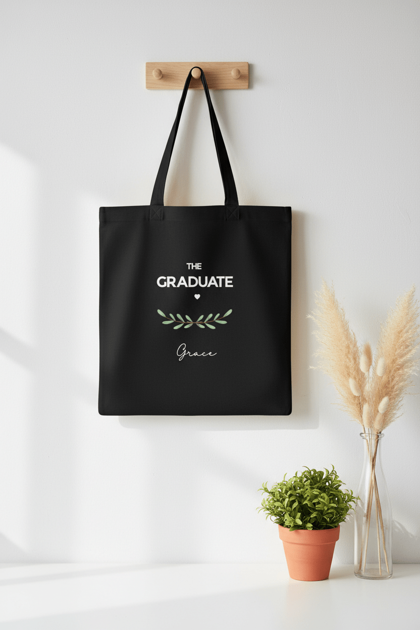 Black graduation tote bag hanging on wall with “THE GRADUATE” and name Grace