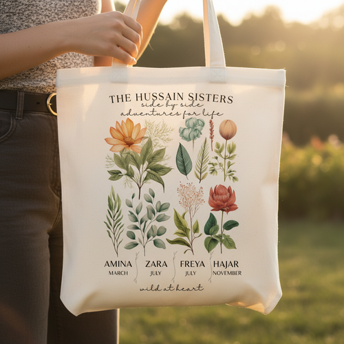 Cream personalized sisters tote bag with botanical floral layout and sister birth months