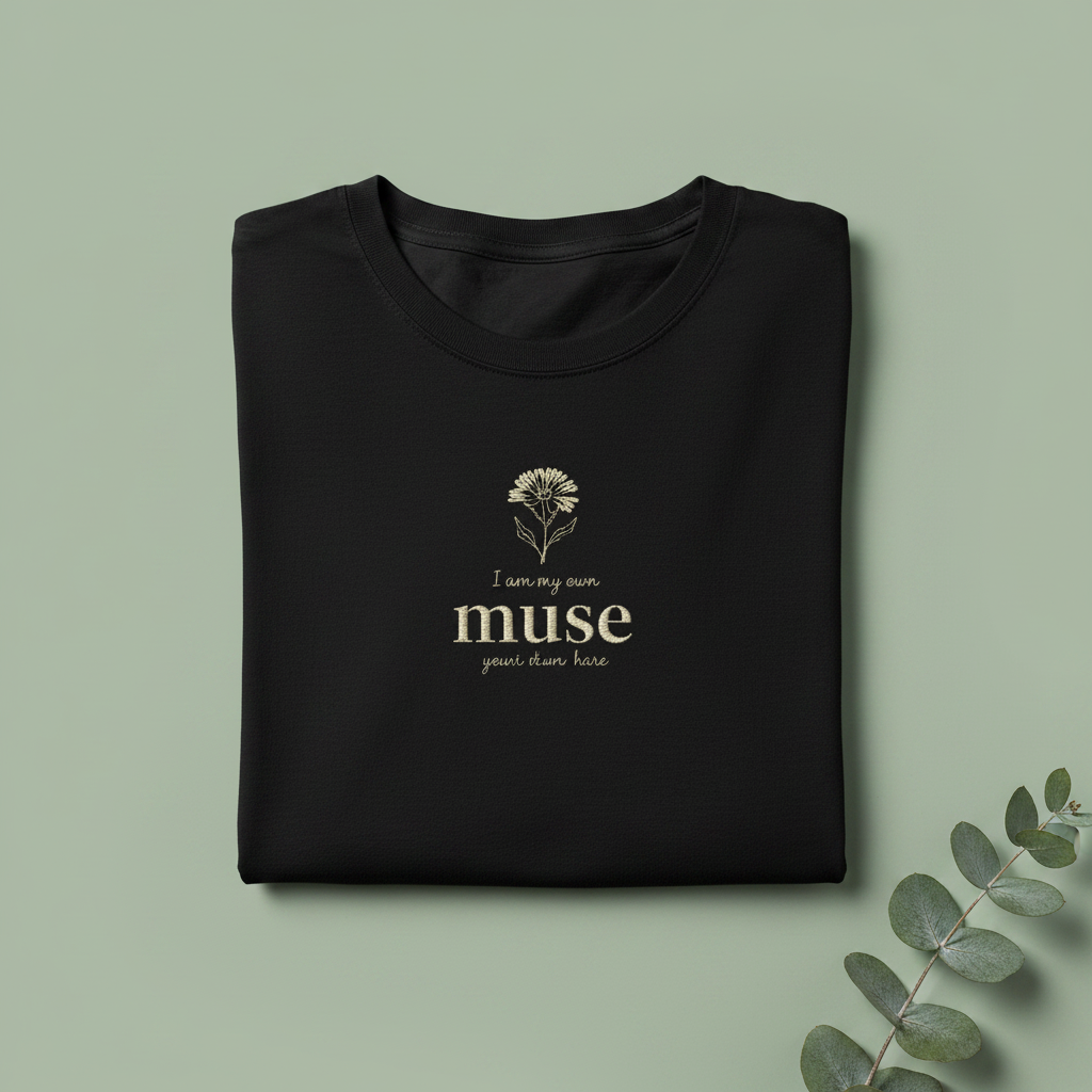 Black long sleeve T-shirt with 'muse' slogan and tree logo, front close-up