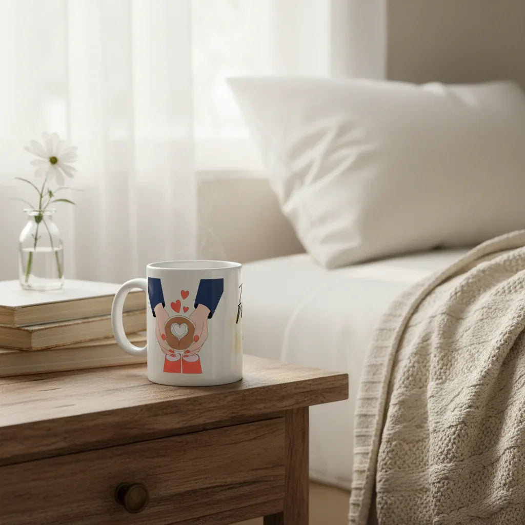 White ceramic coffee mug with blue-sleeved hands holding a heart graphic