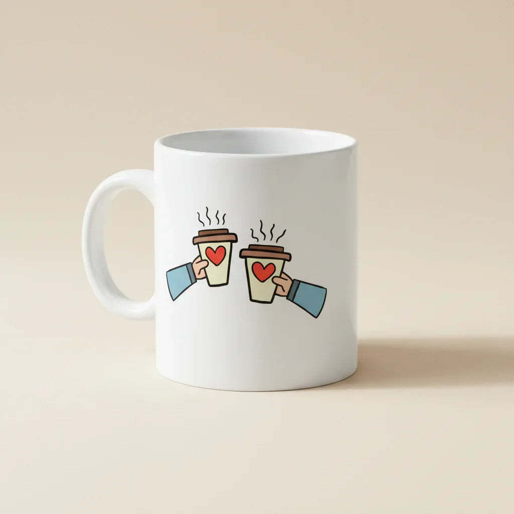 White ceramic coffee mug with two coffee cups, red heart, and text 'I Love You More Than Coffee.'
