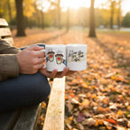Hands holding two white coffee mugs with heart coffee graphic and 'I Love You More Than Coffee.'