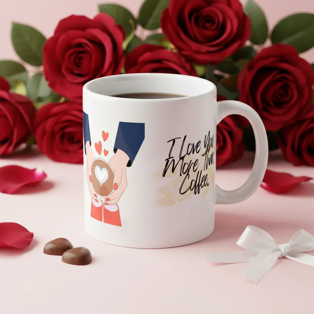 White ceramic coffee mug with hands-heart illustration and text “I Love You More Than Coffee”