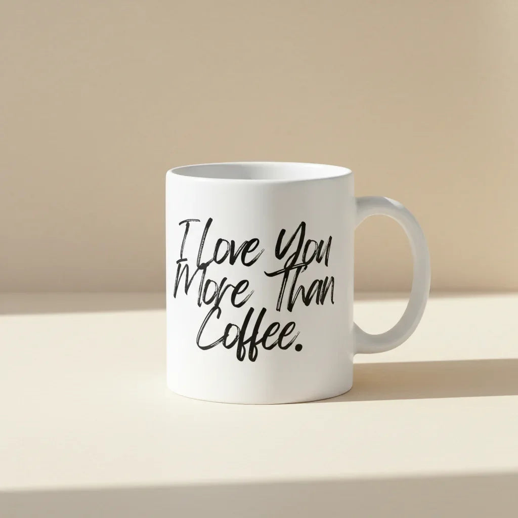 White coffee mug with text: I love you more than coffee.