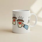 White ceramic coffee mug with playful coffee-cup and heart illustration