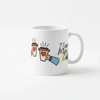 White coffee mug with cartoon coffee cups, heart icon, and 'I Love You More Than Coffee.'