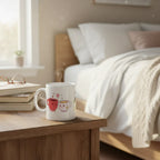 White coffee mug with small red cup faces and heart; black text: I love you more than coffee.