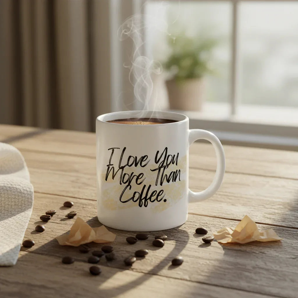 White ceramic coffee mug with “I Love You More Than Coffee” text and visible steam