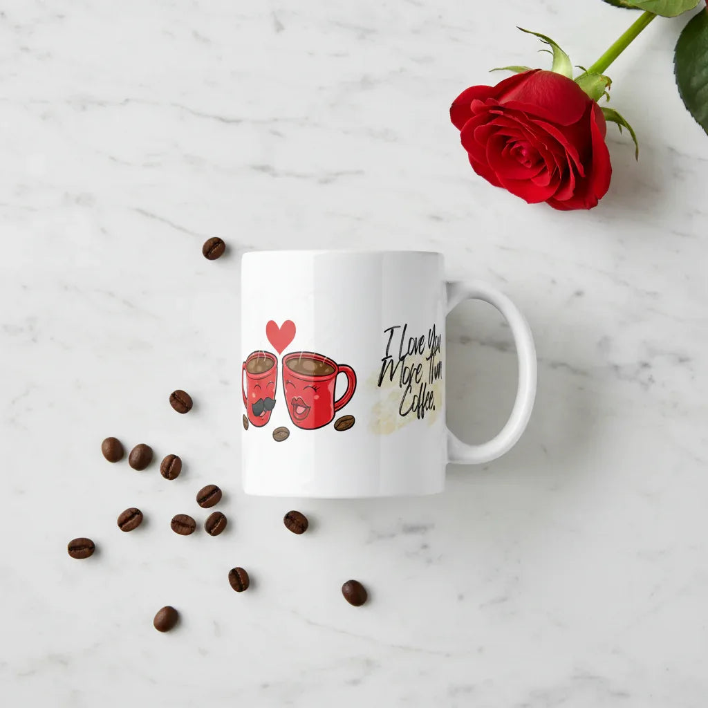 White coffee mug with red cup graphic and black text: I love you more than coffee.
