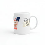 White ceramic coffee mug with illustrated heart-themed characters and text 'I Love More Than Coffee.'