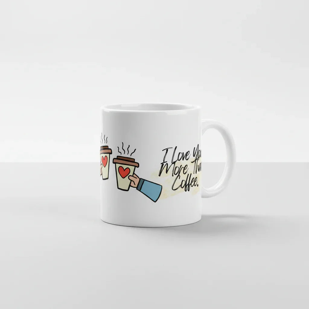 White ceramic coffee mug with heart coffee illustration and cursive 'I Love You More Than Coffee.'