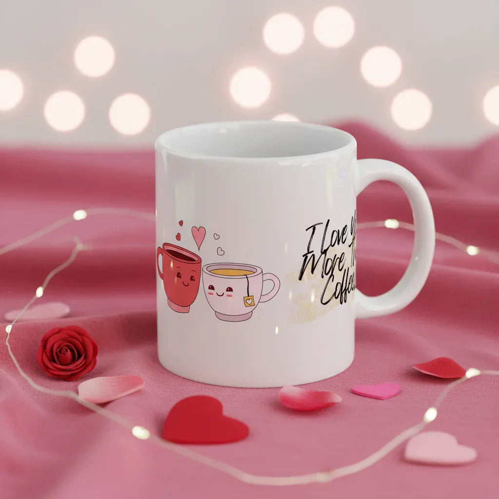 White coffee mug with coffee-and-heart illustration and cursive 'I Love You More Than Coffee.'